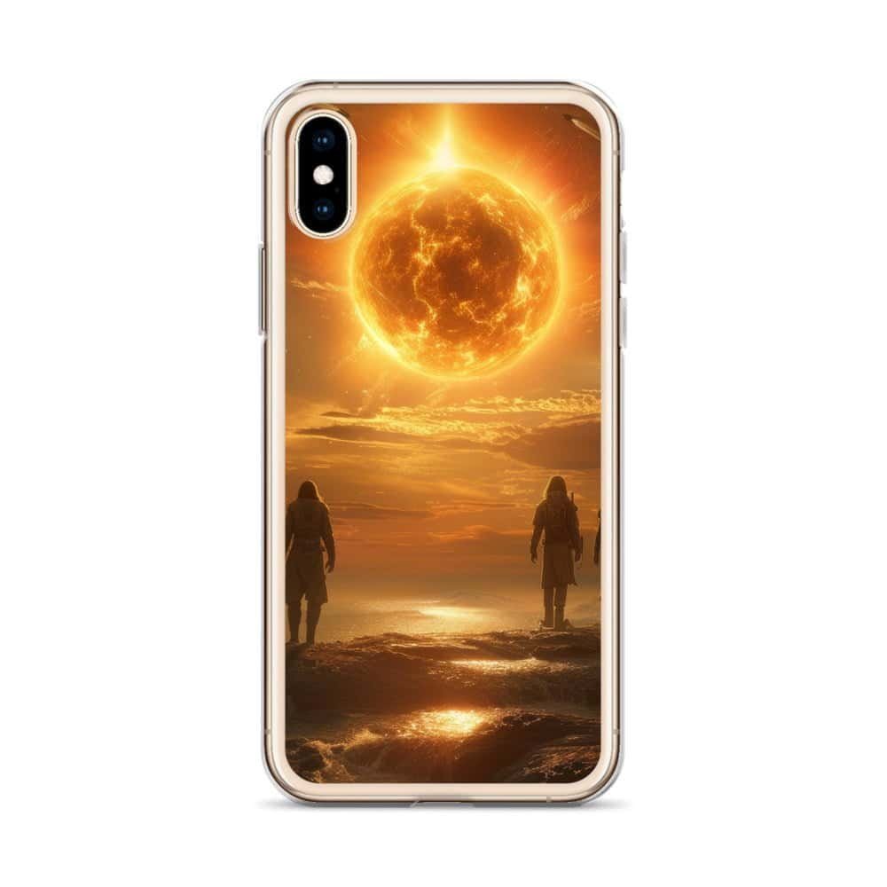 Two people posing with a futuristic iPhone case against a clear sun-filled backdrop.