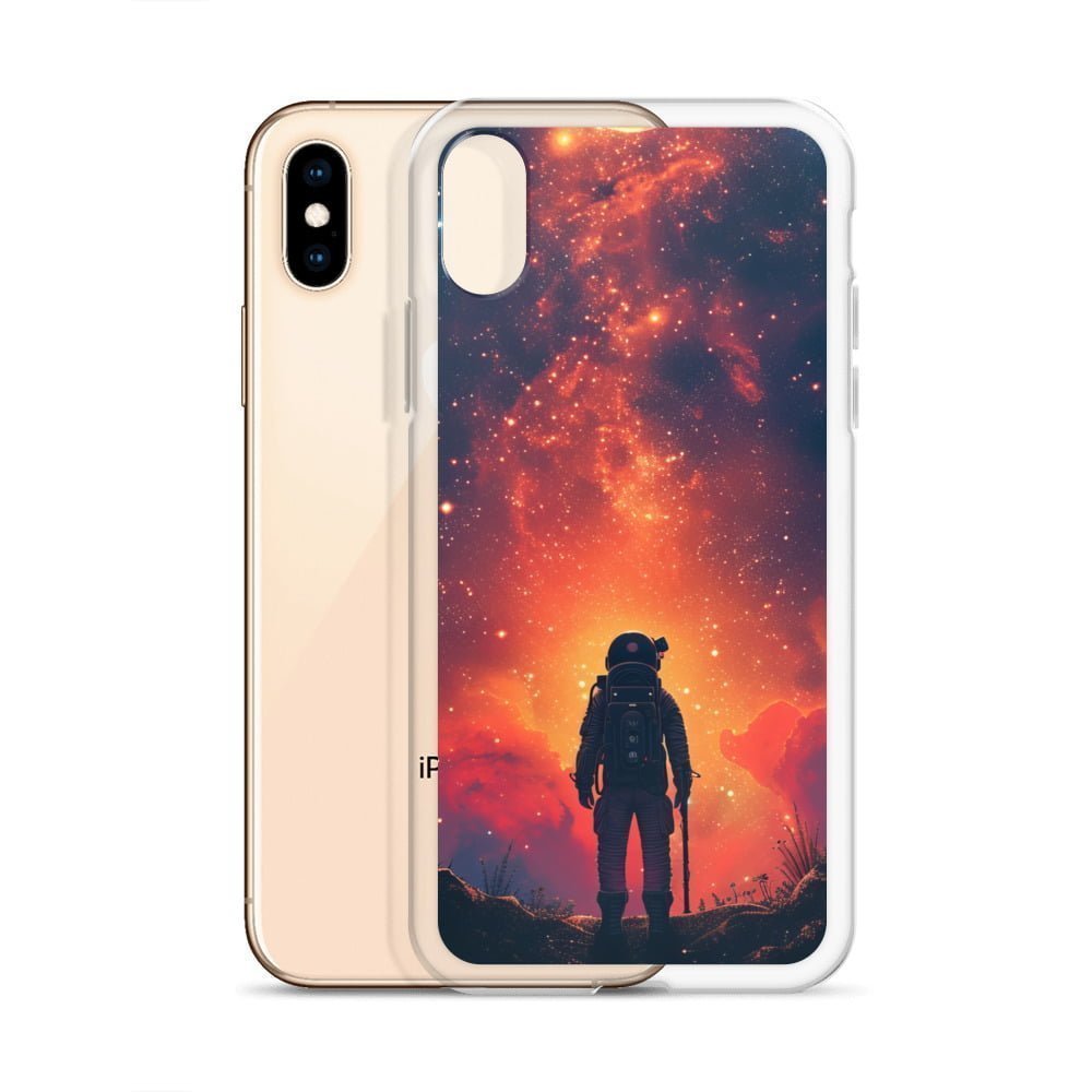 A clear iPhone case featuring an astronaut standing in front of a starry sky.