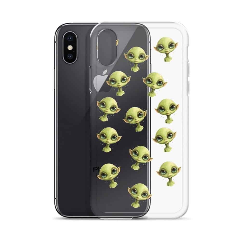 A clear iPhone case adorned with green alien faces.