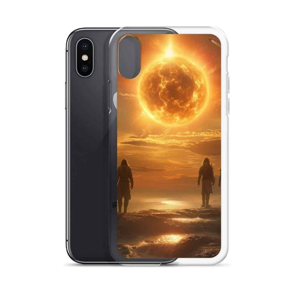 Two people standing in front of the sun on a clear case.