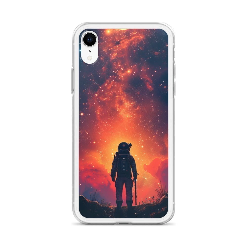 A clear iPhone case with an astronaut design, perfect for space enthusiasts.