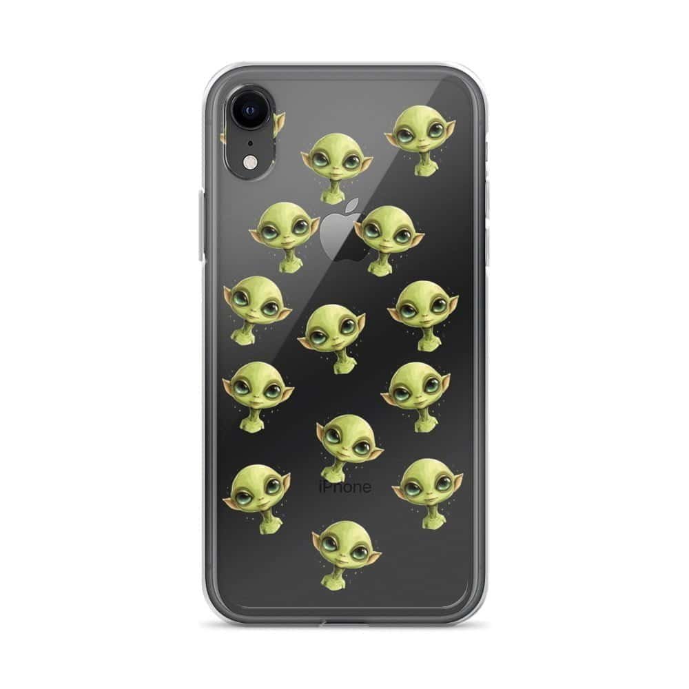A clear iPhone case with a bunch of little green alien faces on it.