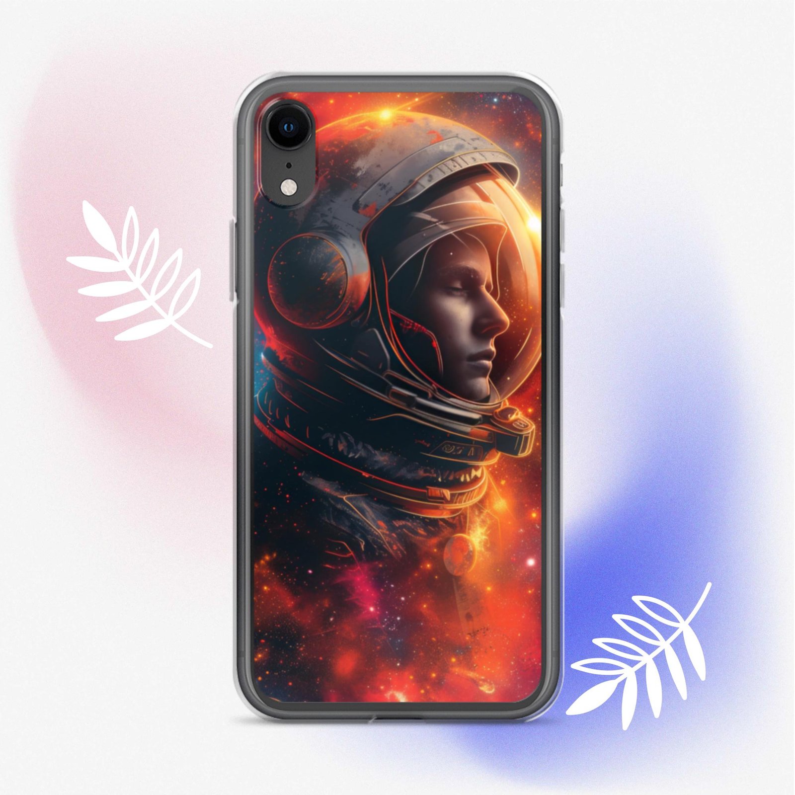 A clear phone case featuring an image of an astronaut in the universe.