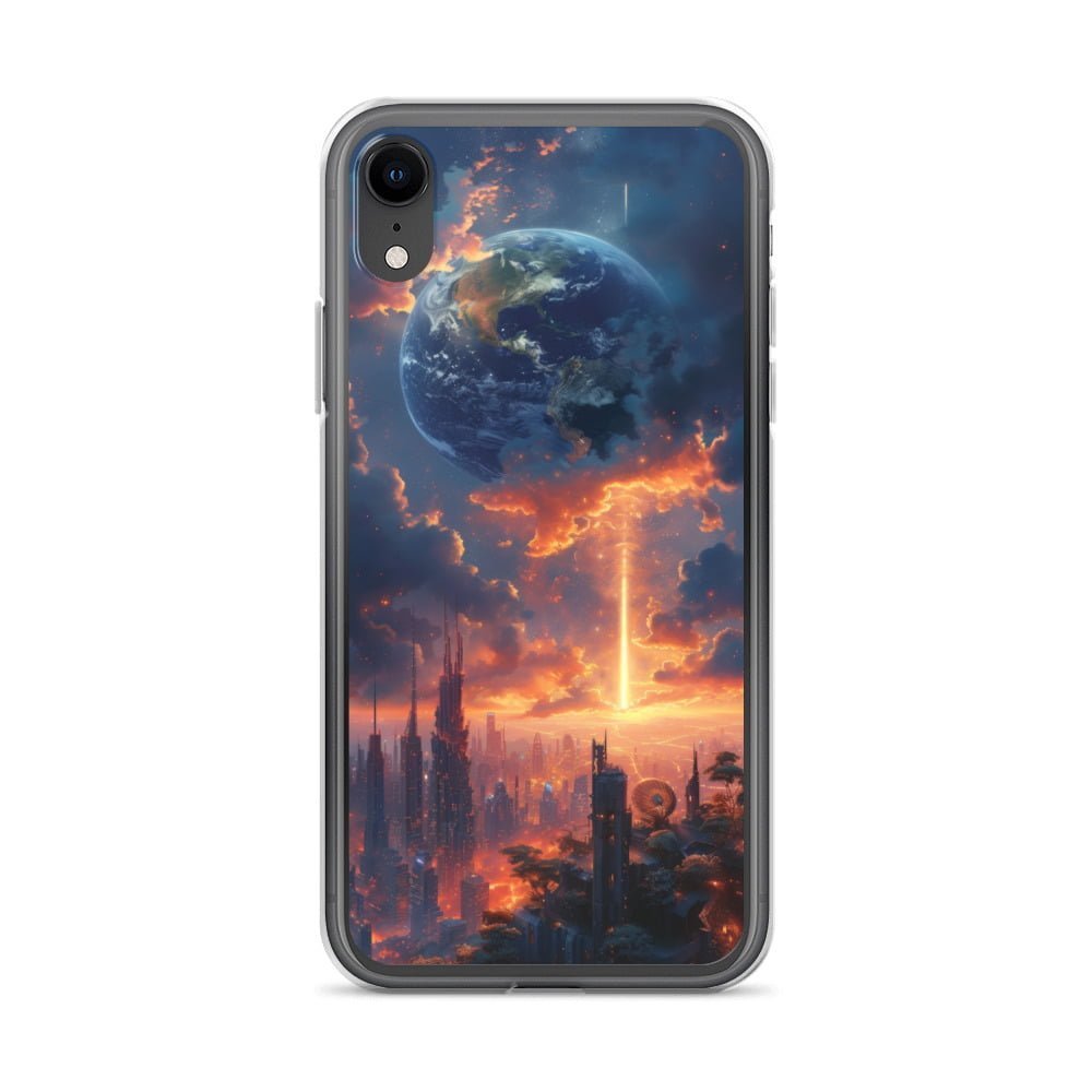 A clear iPhone case featuring an image of the earth in the sky.