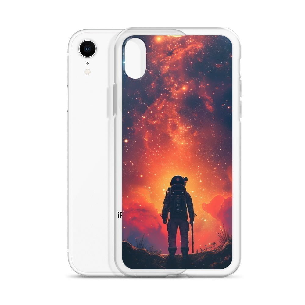 Enhance your iPhone with a clear case featuring a mesmerizing starry sky, showcasing a man in awe of its beauty. Perfectly designed to protect and showcase your iPhone while ensuring optimal visibility