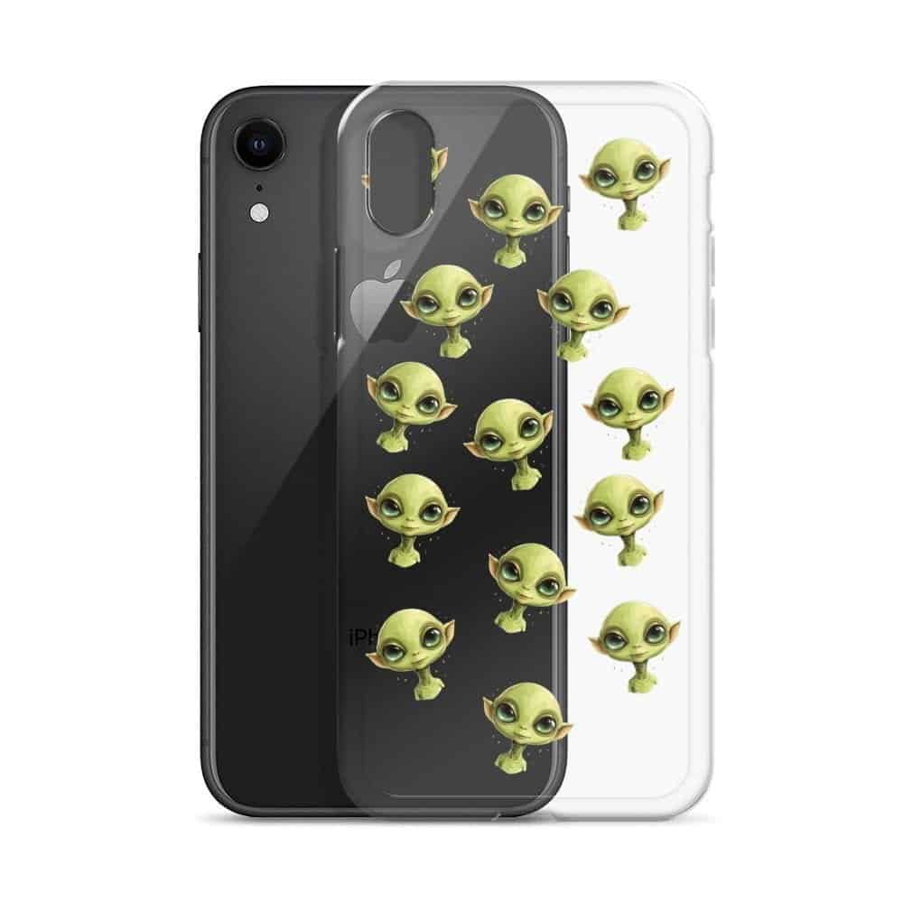 A clear case with green alien faces.