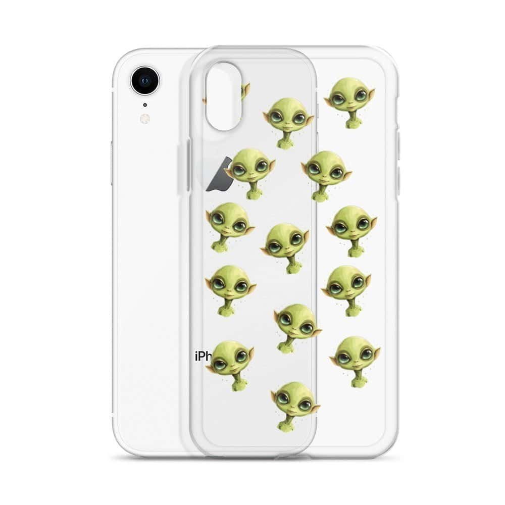 A clear iPhone case with green aliens on it.