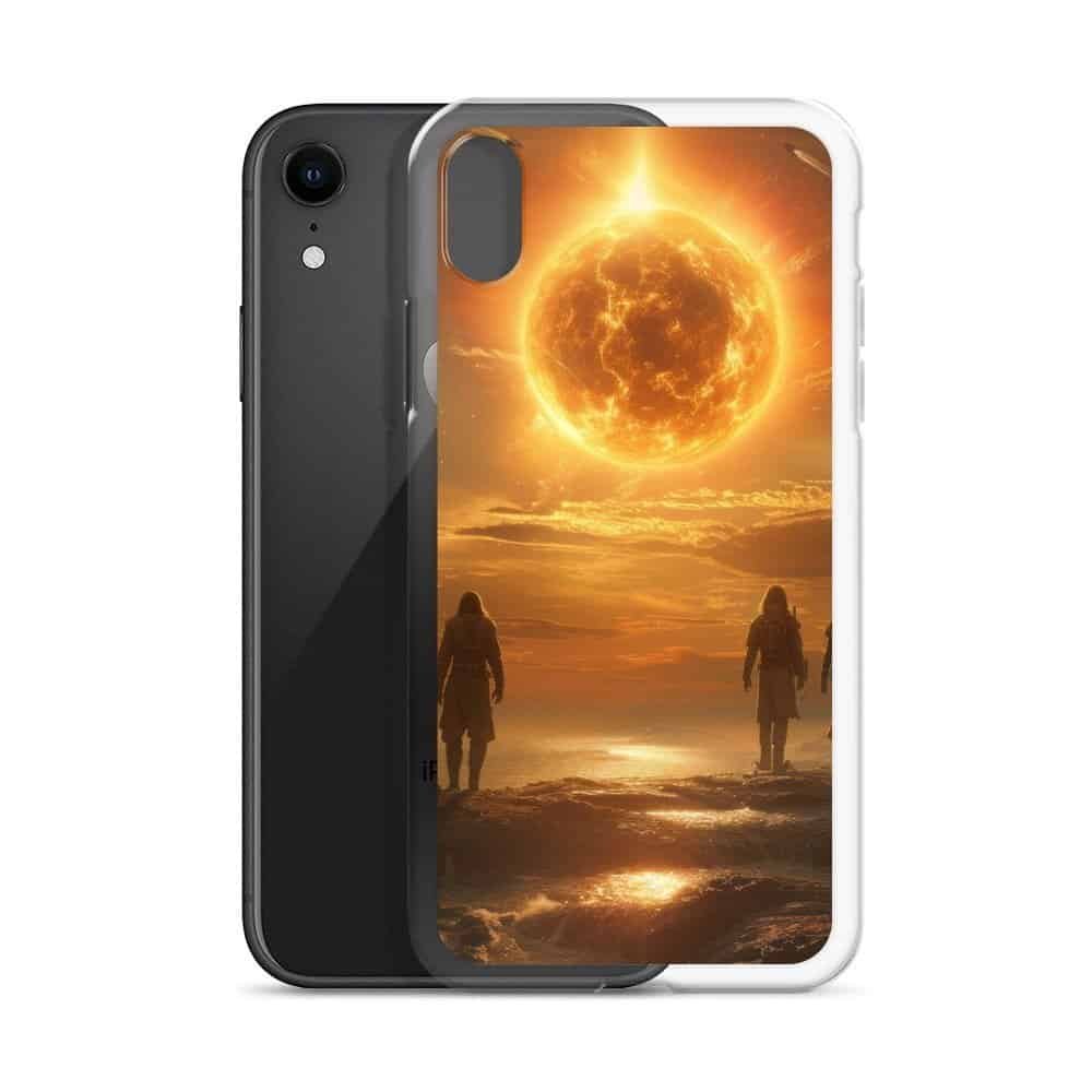 Two people walking on the beach with the Sun Clear Case behind them iPhone case.