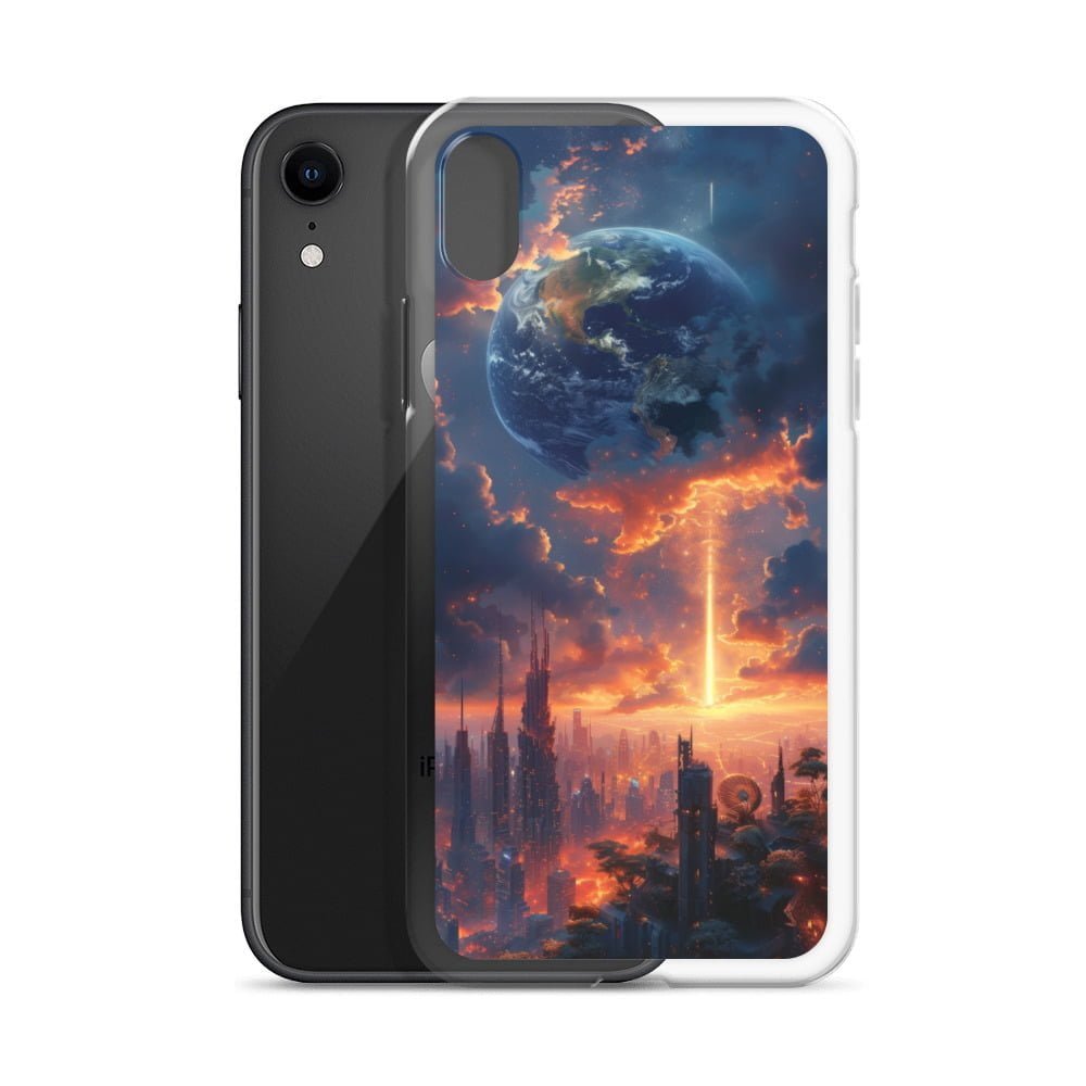 A clear iPhone case featuring a captivating image of the Earth suspended in the sky.