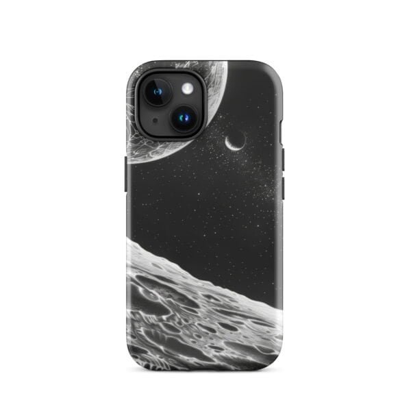 A black and white image of the moon and stars on an iPhone Tough Case.