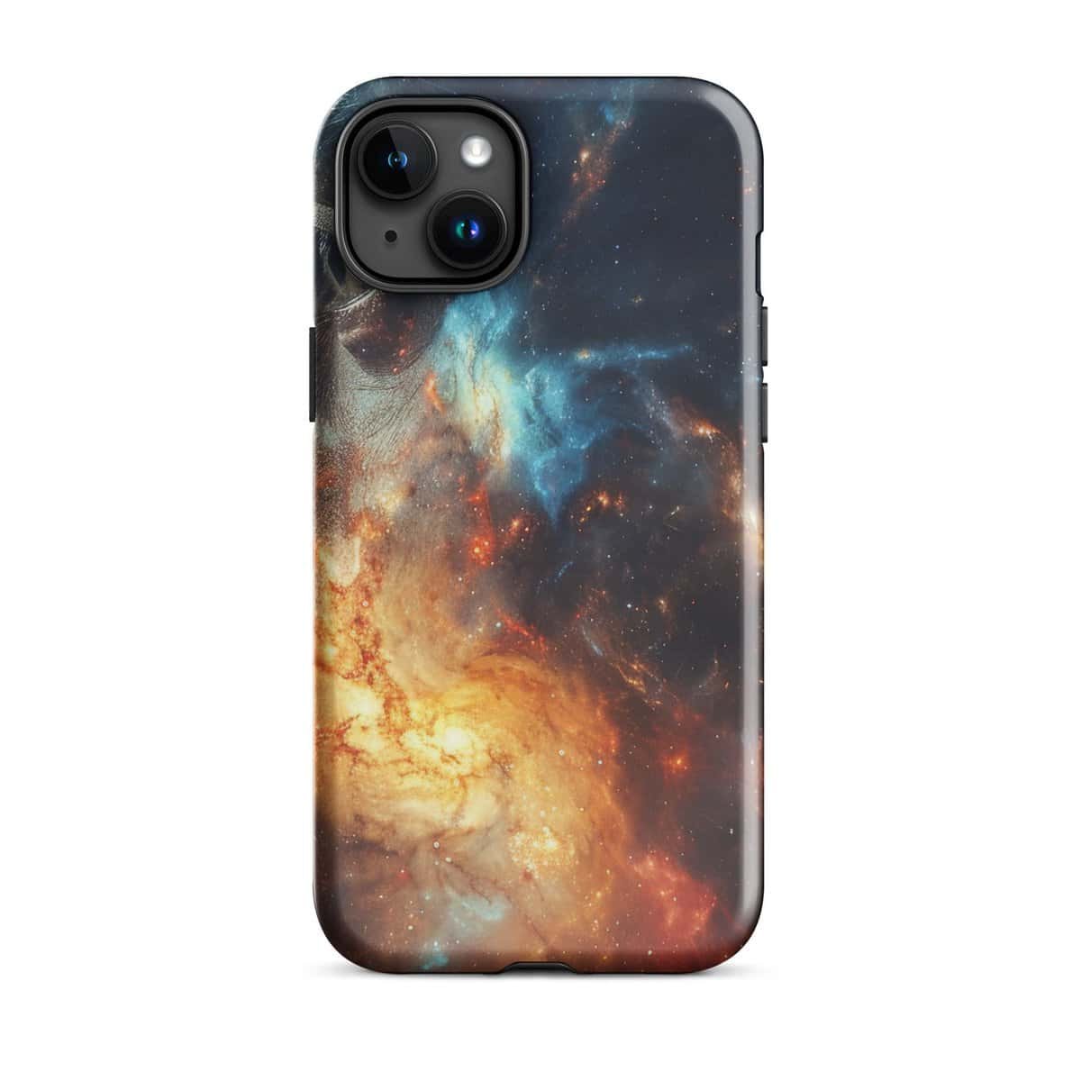 A tough iPhone case featuring a cosmic galaxy design for contemplation.