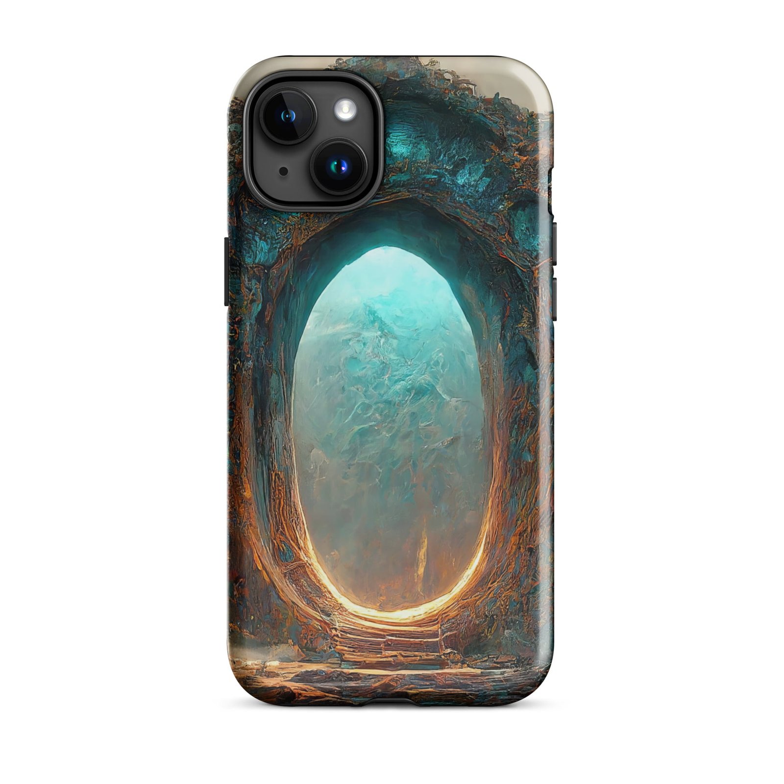 An iPhone case with a cosmic design featuring a hole in the middle for added style and protection.