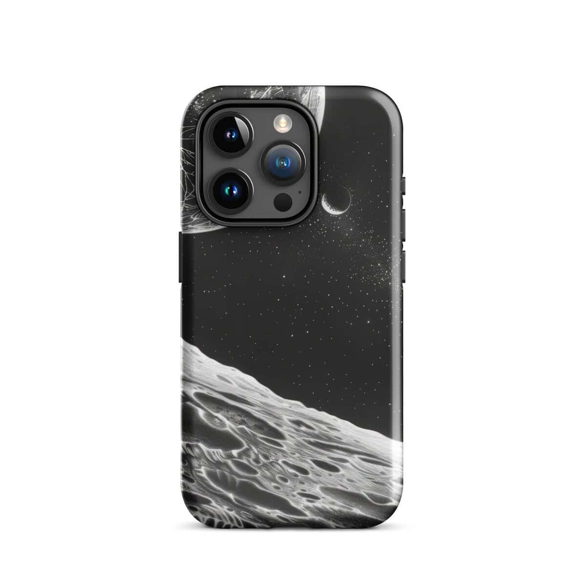 A black and white iPhone case featuring the moon and planets.