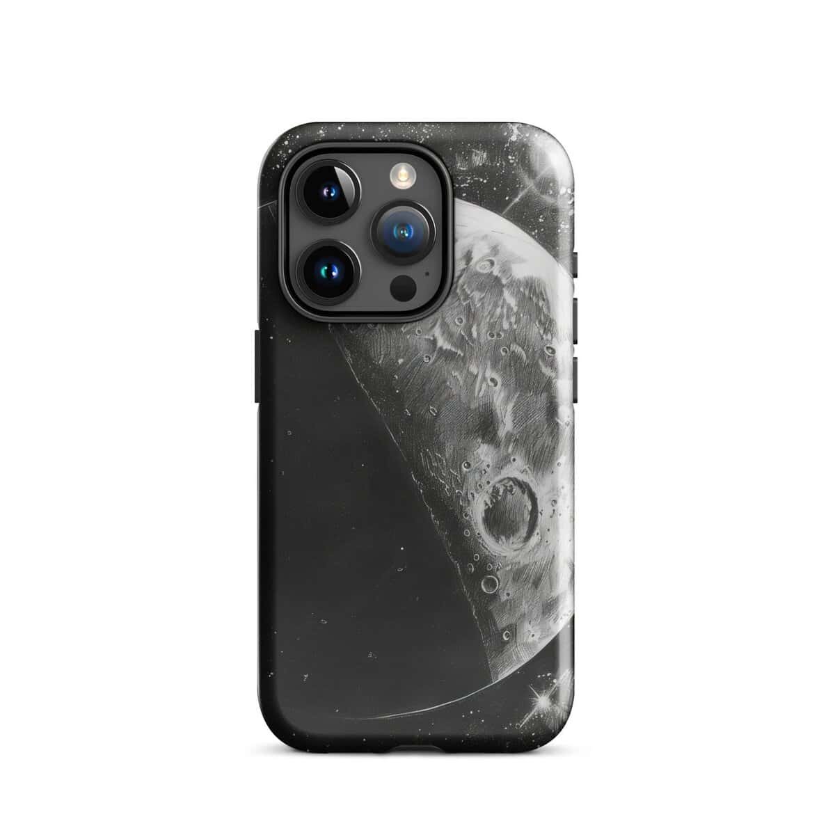 A black and white image of the moon on an iPhone case.