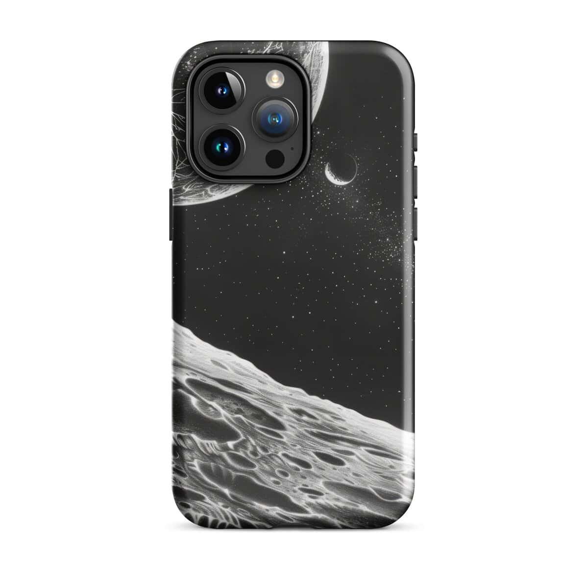 This tough iPhone case features a moon and stars design in black and white.