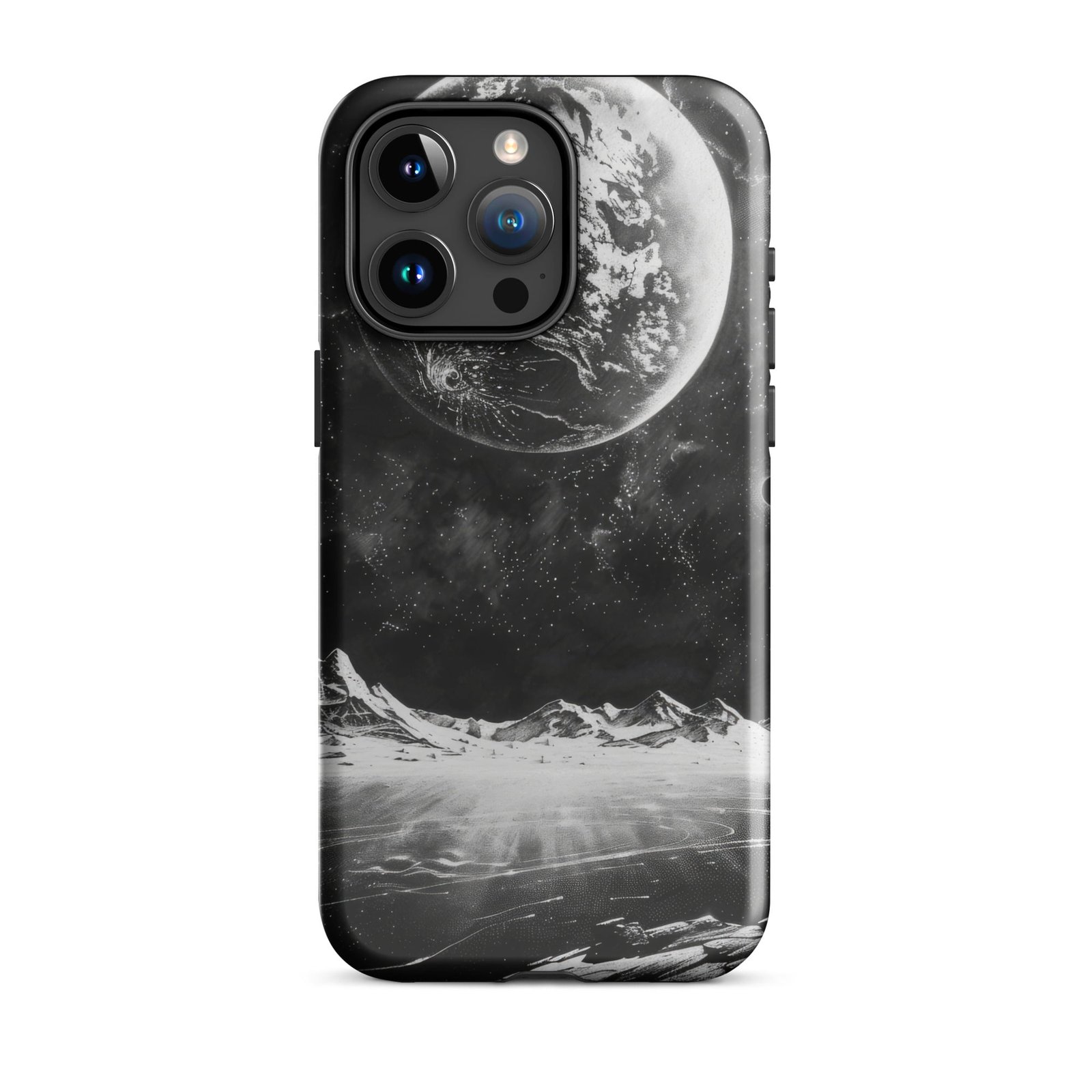 A black and white image of the moon and stars on a Tough Case for an iPhone.
