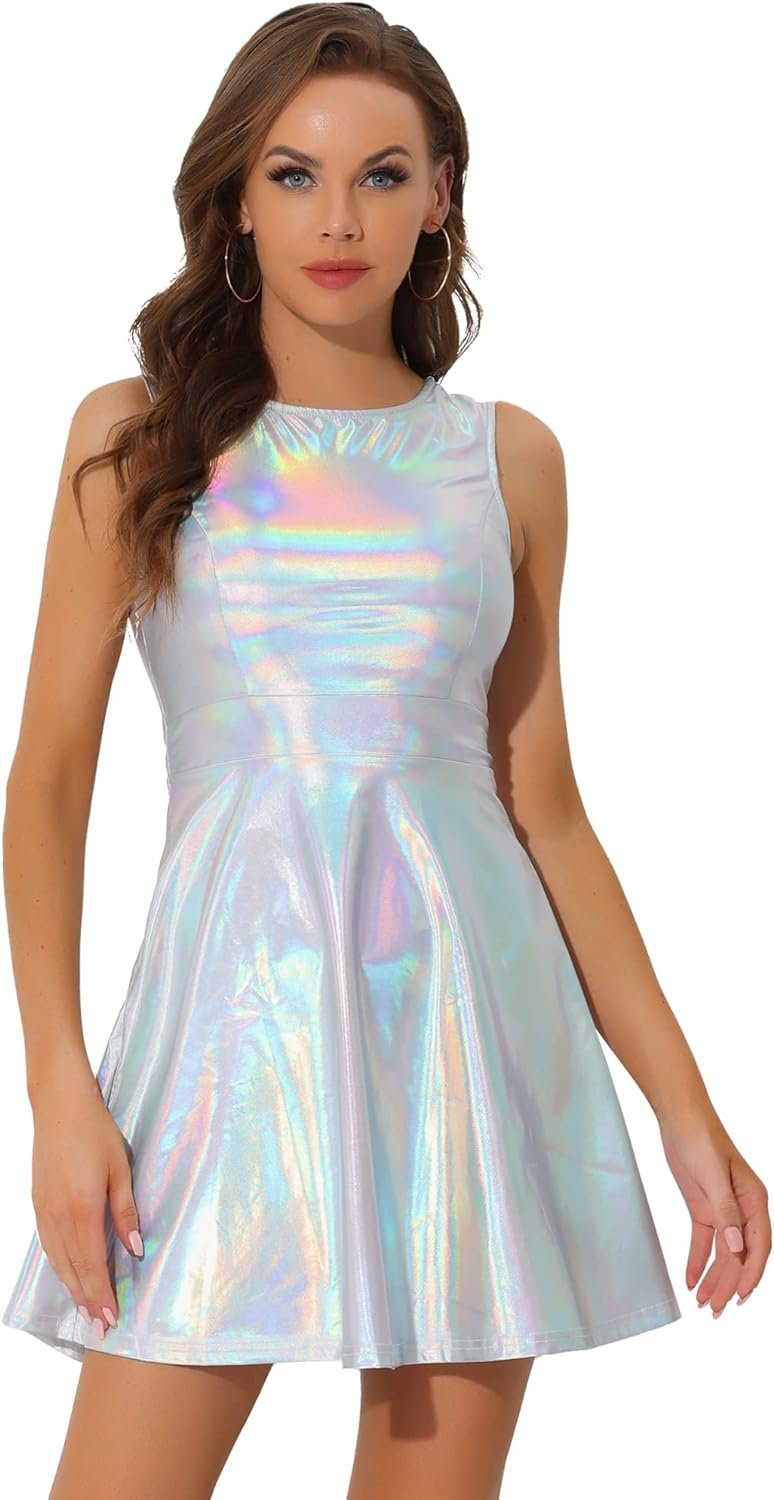 Woman wearing a galactic holographic sleeveless skater gown.