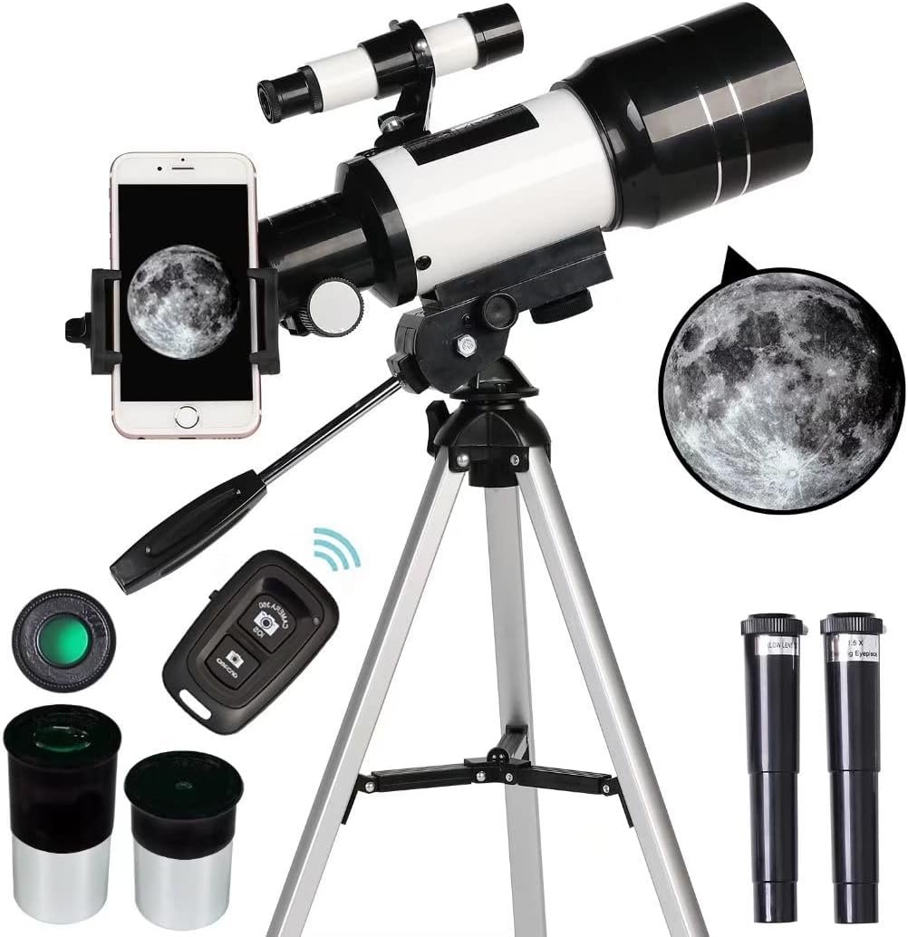 A telescope with a remote control for automatic adjustments.