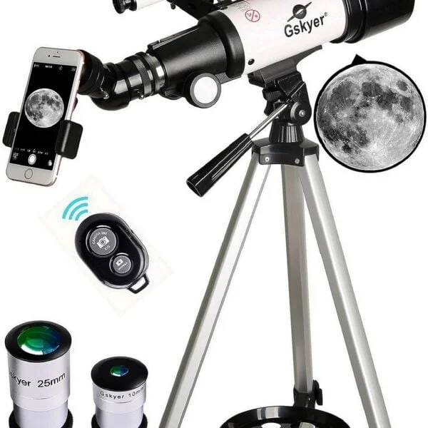 A telescope perfect for beginners, equipped with a tripod and other essential accessories for observing stars in the night sky.