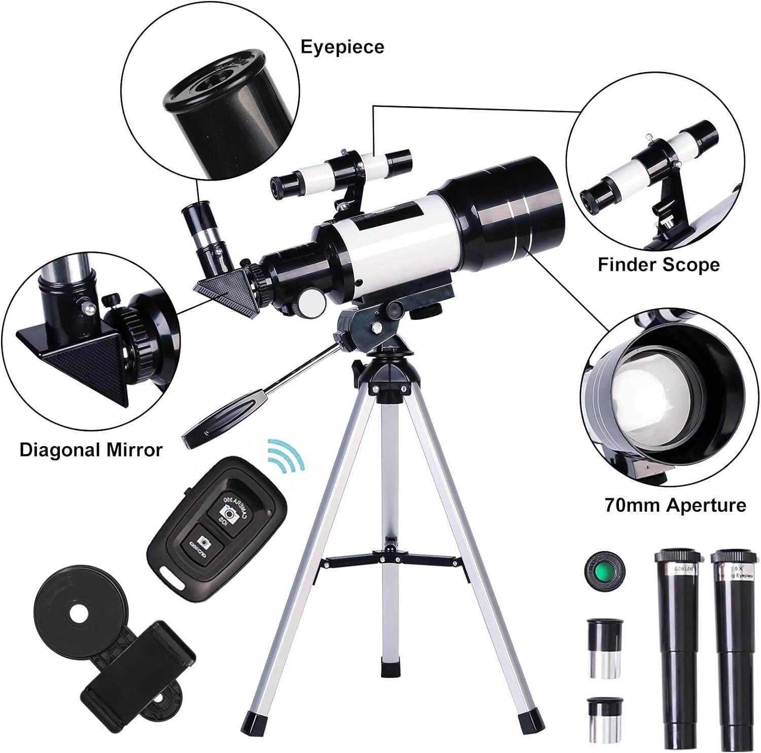 A telescope for adults and kids that comes with a remote control and other accessories, perfect for exploring the night sky.