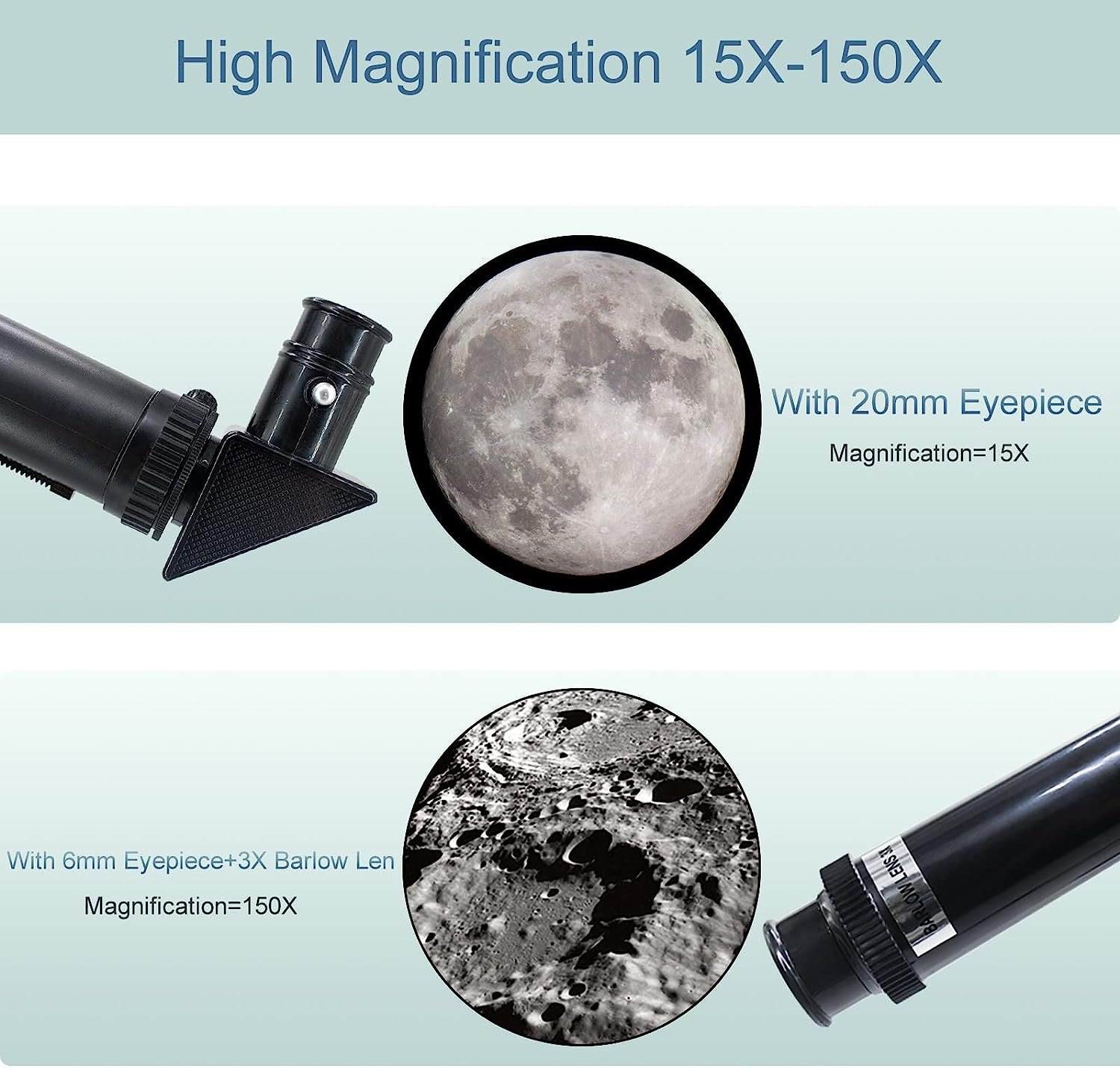 A high magnification telescope with various images of the moon, perfect for astronomy enthusiasts.