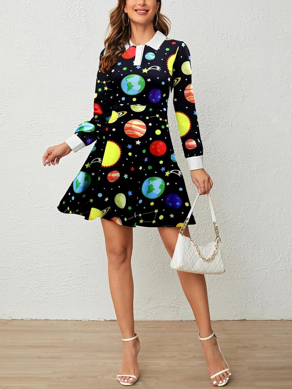 Woman auto-draft wearing a space-themed dress holding a white purse.