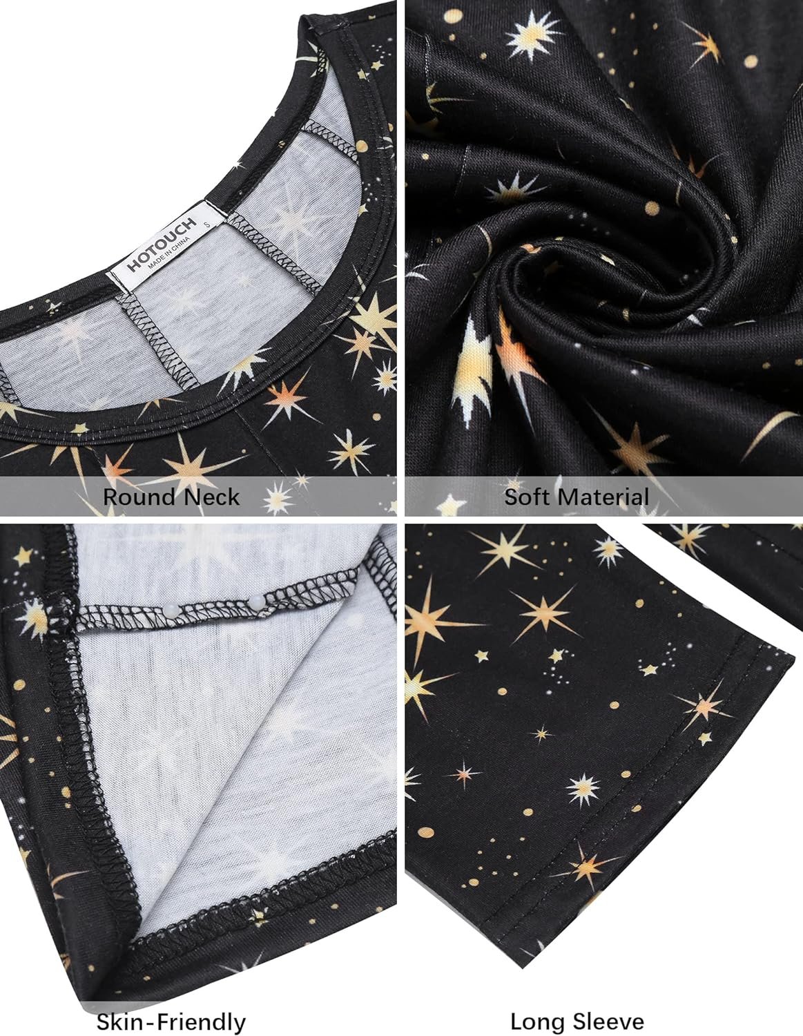 Collage showing features of a star-patterned garment including round neck, soft material, skin-friendly interior, and long-sleeve design for a stellar comfort experience.