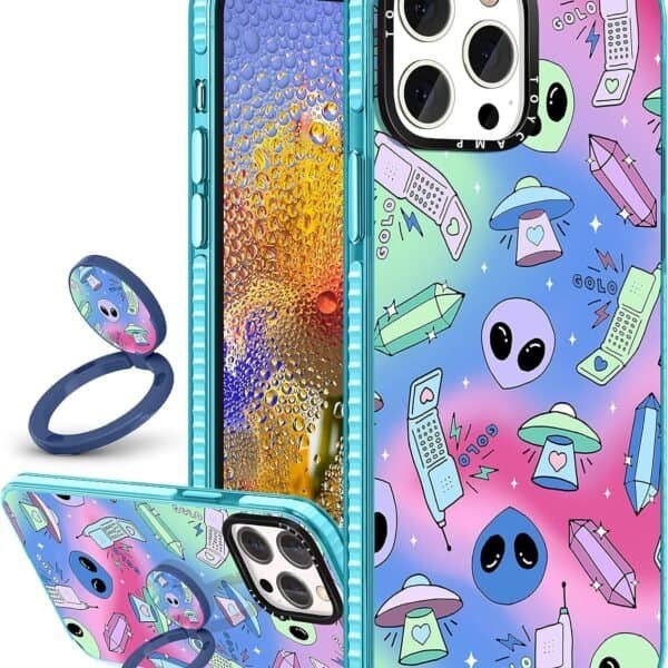 An iPhone 13 Pro Max case with a kickstand and Ultimate Aliens on it.