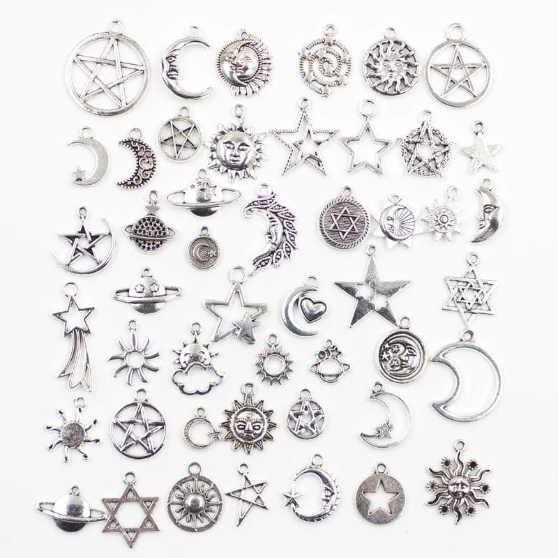 30pc Celestial Charms Set: Antique Silver Star, Moon, Sun, Planets & More