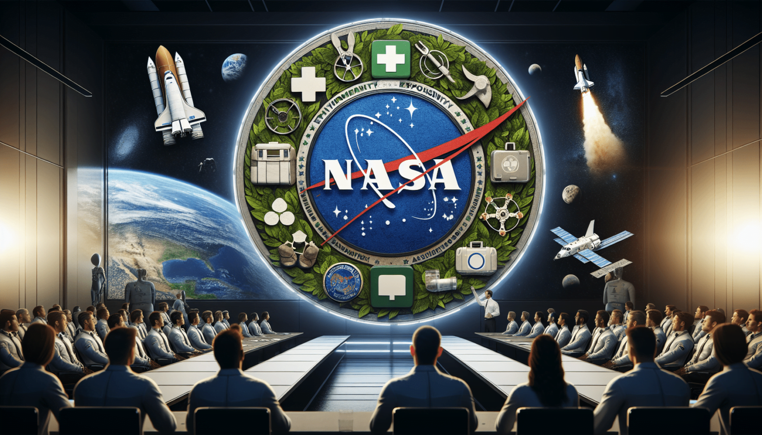 Nasa logo in front of a group of people.