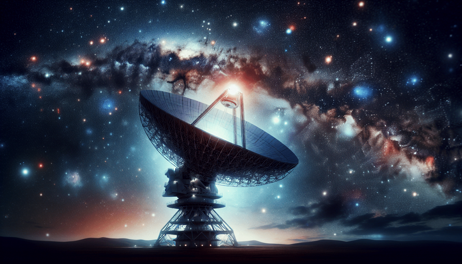 An image of a satellite dish in the night sky.