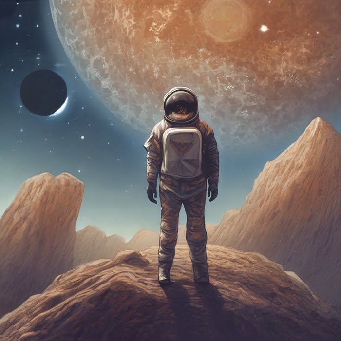 An astronaut stands on a rocky surface, gazing at the wonders of space as a large planet and a moon loom in the distance against an orange-hued sky.