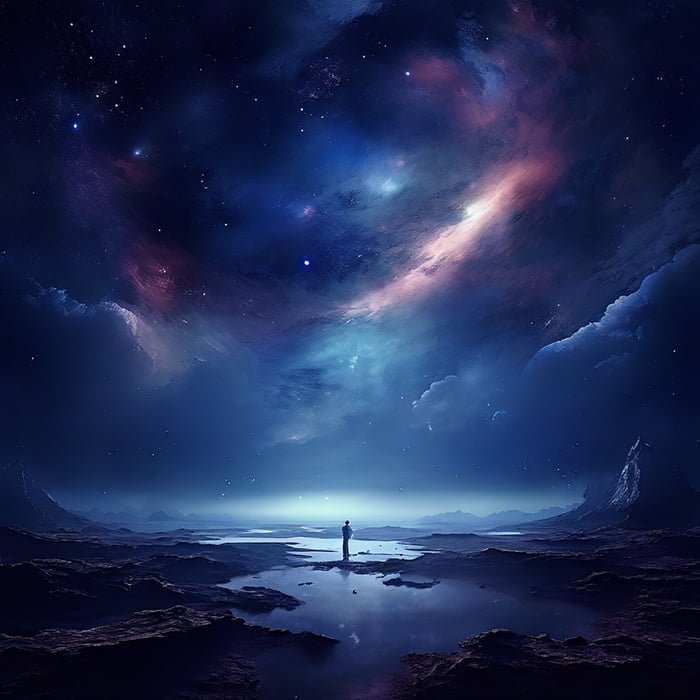 A person stands on a reflective water surface under a vibrant starry night sky with colorful cosmic clouds and wonders of space, along with distant mountains.