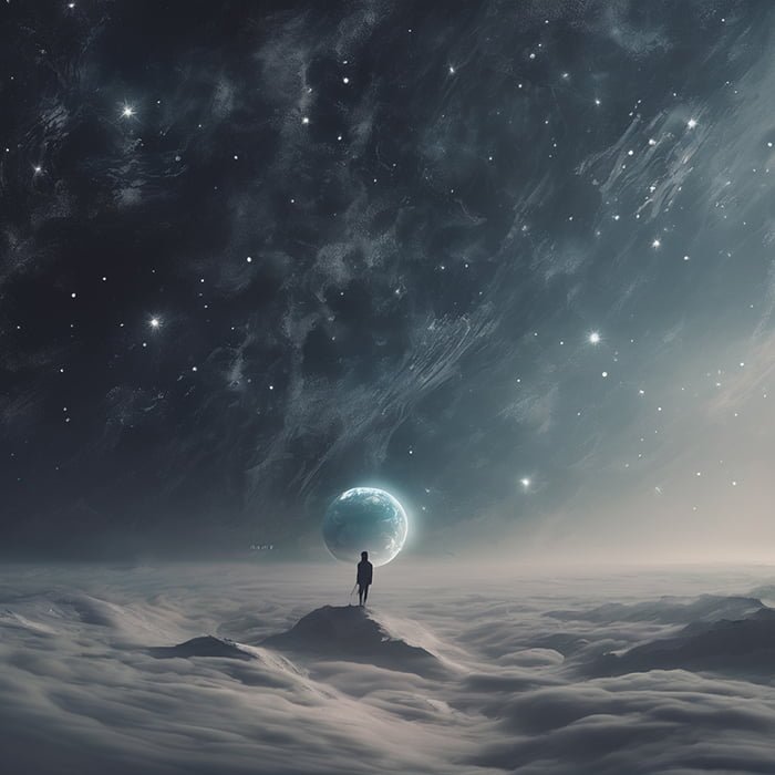 A person stands on a mountain peak, gazing at a luminous orb amidst the wonders of space and clouds.