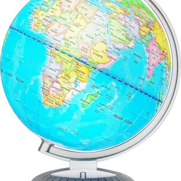 An educational globe displaying a colorful world map, with a metallic stand, showing the continents and oceans of the earth.