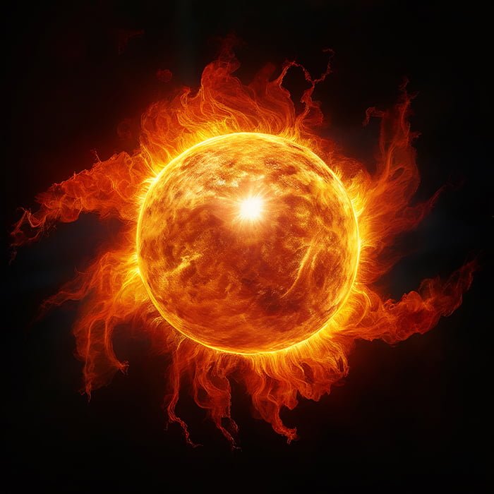 Illustration of a bright orange sun with dynamic, fiery solar flares extending outward on a black background, capturing the wonders of space.