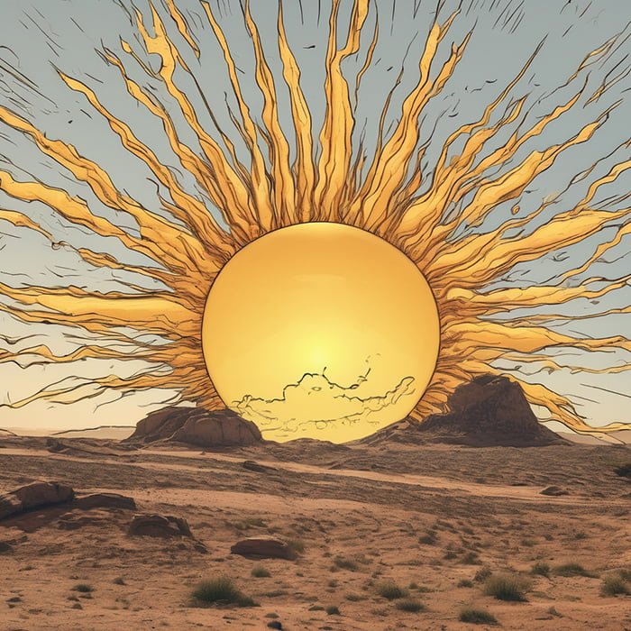 Illustration of a stylized sun representing the wonders of space, with dynamic, flame-like rays extending outward, set over a desert landscape with rocky outcrops.