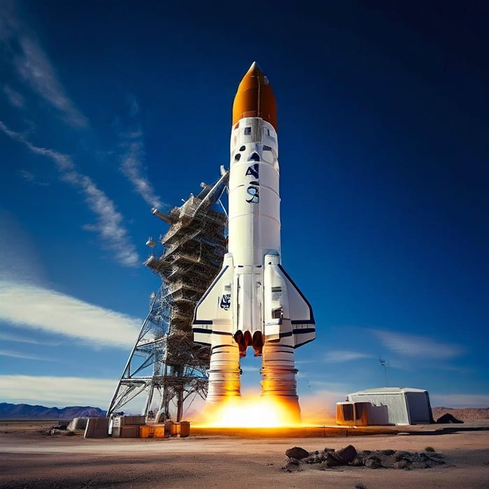 What is NASA's old name? 2 A space shuttle launching from a launch pad in a desert setting, with fiery engines and a clear blue sky in the background.