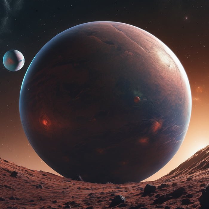 A digital artwork depicting a view from a rocky celestial surface, showing three large, detailed What_are_rogue_planets,_and_how_do_they_travel_without_a_star in a star-lit sky.