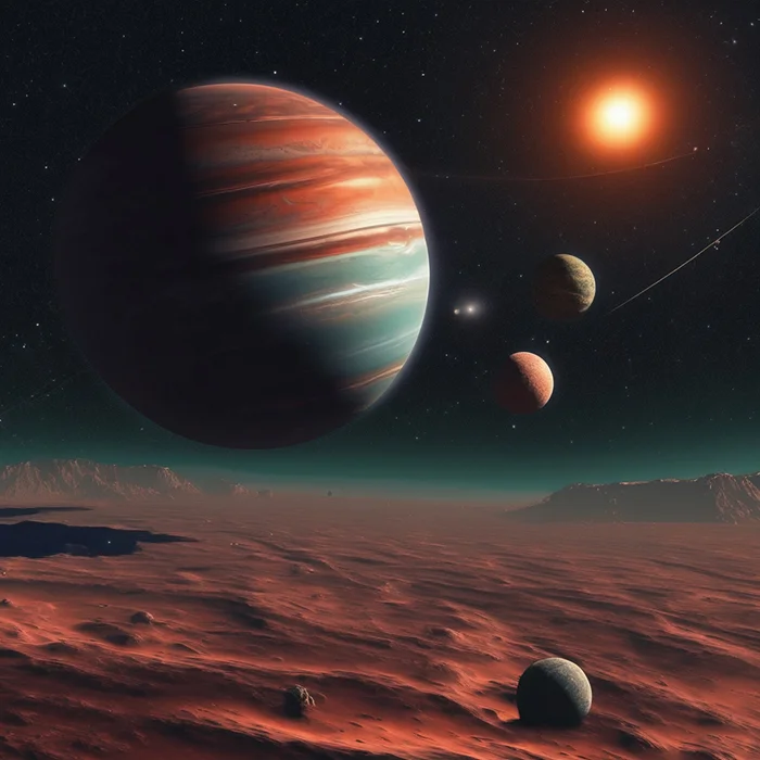 A vivid illustration of a planetary system with a large rogue planet and multiple moons, viewed from the surface of a red, rocky planet under a dual-star system.