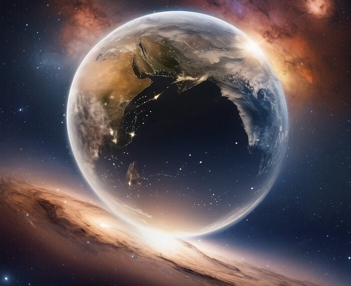 An artistic rendering of Earth's Cosmic Address: Exploring Our Place in the Milky Way Galaxy (3) - 복사본, depicting illuminated continents, surrounded by colorful, swirling cosmic clouds and distant stars.