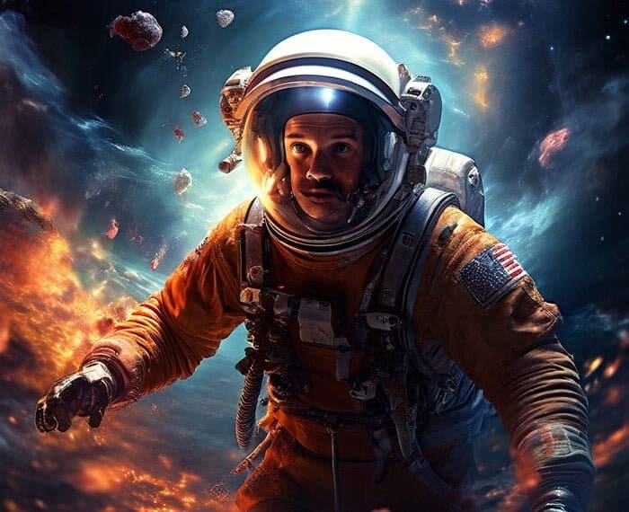 Image of an astronaut floating in space, surrounded by debris and a vibrant cosmic background, with flames and a US flag patch on their suit, desperately searching for Is_the_oxygen_in_space_png.