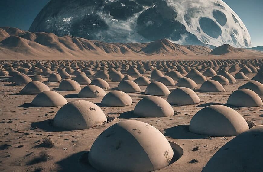 Rows of dome-shaped structures in a barren, desert-like landscape with a large, detailed moon dominating the sky in the background: The Future of Lunar Burials Exploring the Final Frontier 3.