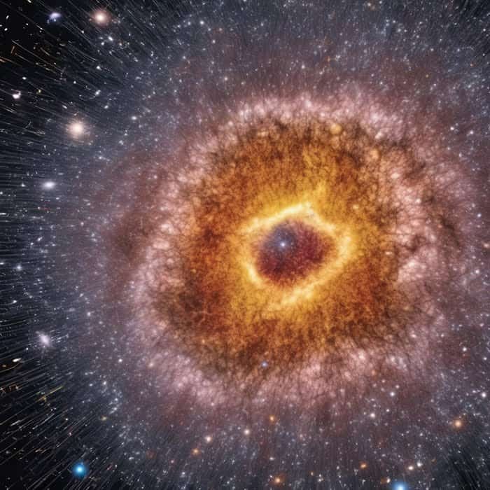 A detailed image of The_Astonishing_Size_of_the_Universe_One_Minute_After_the_Big_Bang_png with a bright, colorful center resembling an eye, surrounded by radiant star fields and cosmic dust.