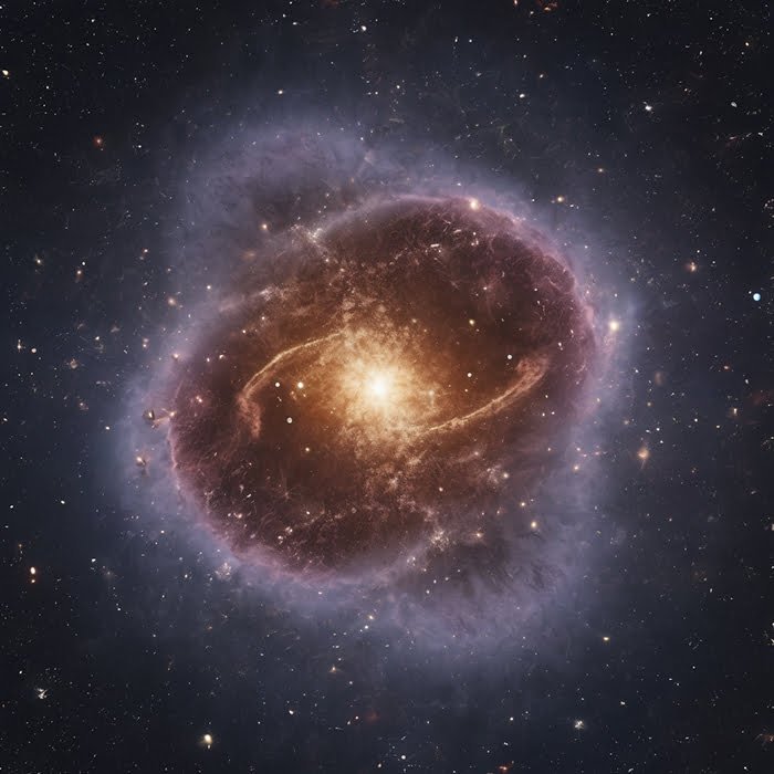 The Astonishing Size of the Universe One Minute After the Big Bang 4 A vibrant image of The_Astonishing_Size_of_the_Universe_One_Minute_After_the_Big_Bang_png, featuring a luminous central star surrounded by a circular cloud of dust and gas, glowing in shades of pink and purple against a starry sky.