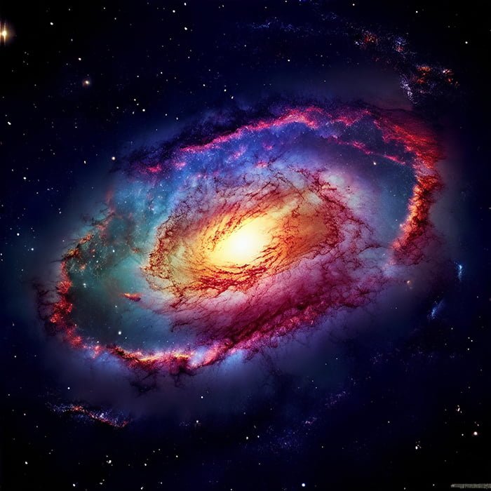 Understanding Galaxies, what is the definition of a galaxy 1 Vivid image of a spiral galaxy with intense blue and red colors surrounding a bright central core, set against a dark starry sky.