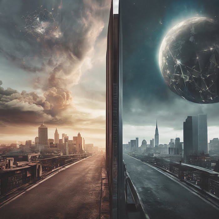 What_is_it_called_when_2_realities_collide: Split image juxtaposing two different worlds: one featuring a natural sunrise over a modern city, the other displaying a futuristic city under a giant, looming planet.