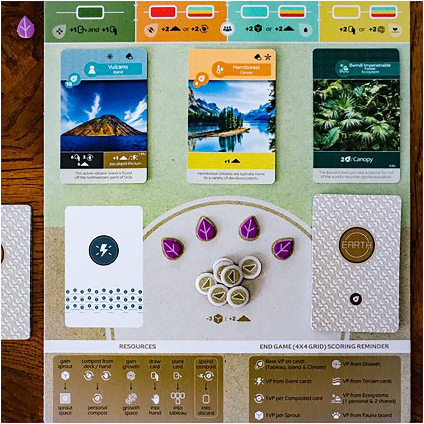 Top-down view of a board game featuring cards, hexagonal tokens, and scoring tracks. The cards display various landscapes and game information.