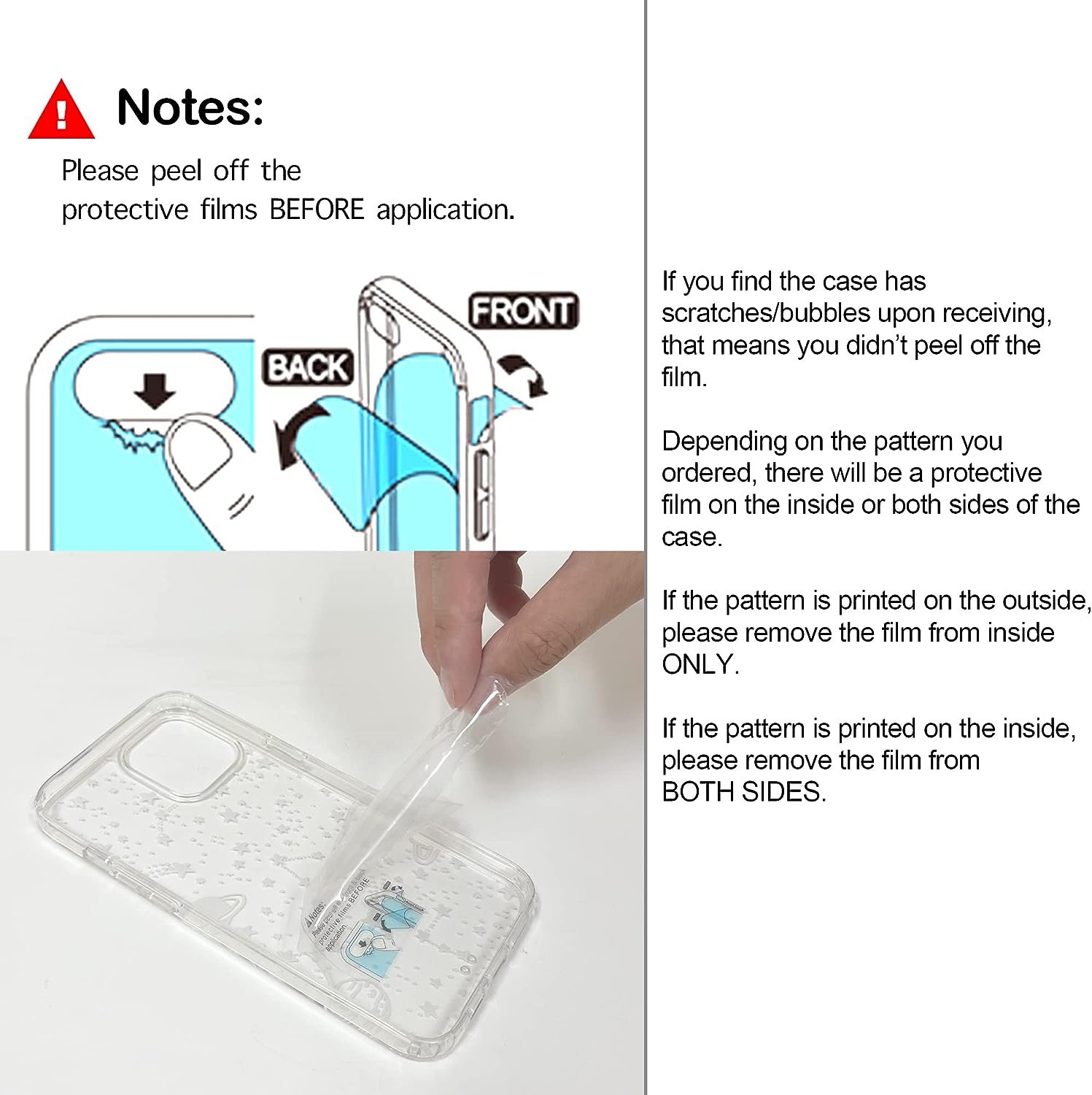 Instructional image showing the removal of protective film from a clear phone case. Steps include peeling off the film from both inside and outside if there are scratches or bubbles.