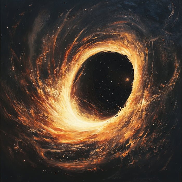 What has survived a black hole? 1 A swirling, luminous depiction of a black hole in space, showcasing bright orange and yellow light encircling a dark central void, capturing the awe-inspiring mysteries of astronomy.